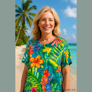 Diane Gilman  Silk Blouse Vibrant, Multicolored Floral & Foliage Pattern Size 2x